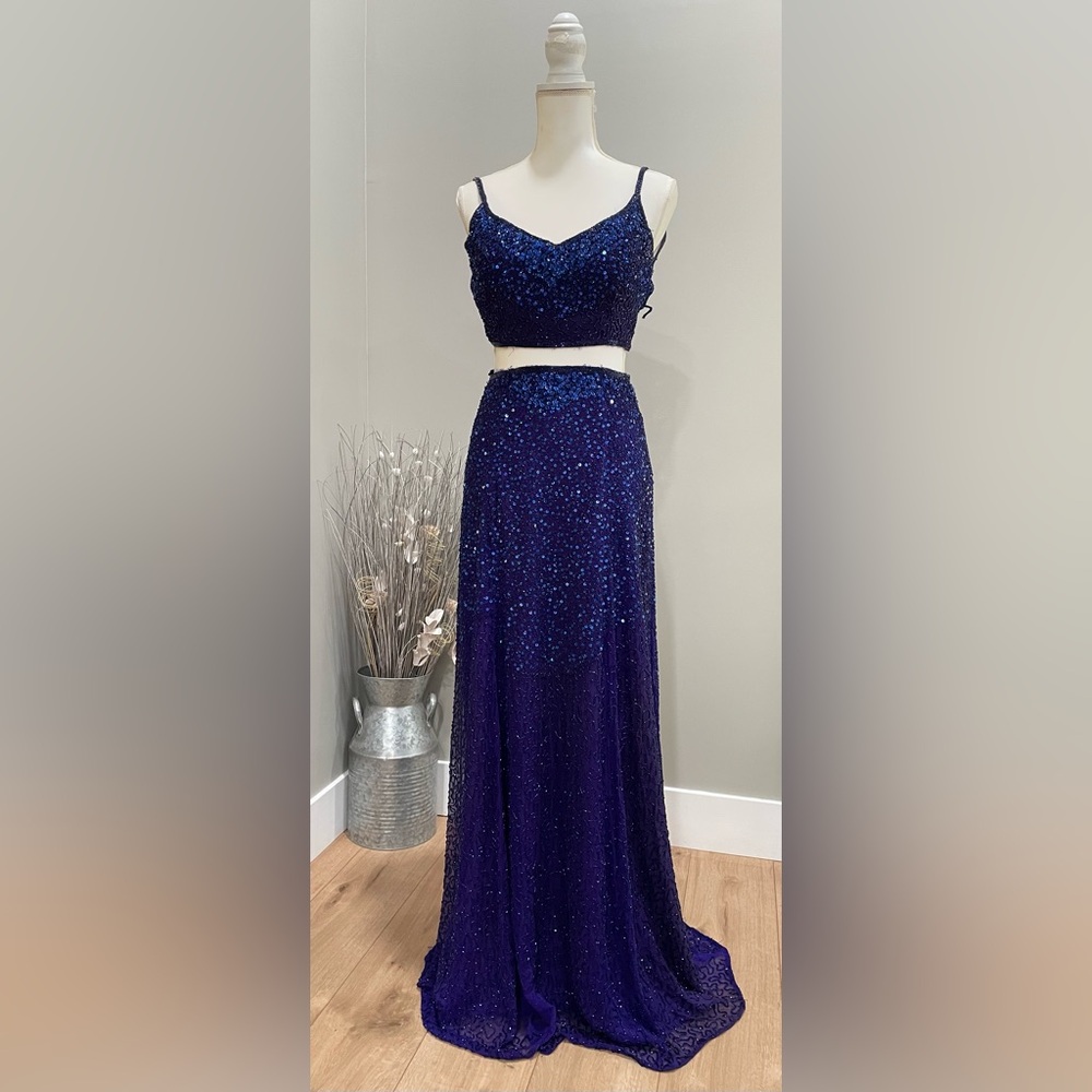 Royal Blue Precious Formals Two Piece Sequined Gown
